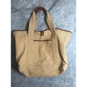 Levenger Tote Bag Womens Large Beige Canvas Brown Leather Trim Utility Surplus